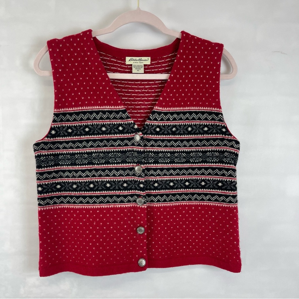 Vintage Eddie Bauer Women’s Lambswool Sweater Vest Red Fair Isle Button XSP